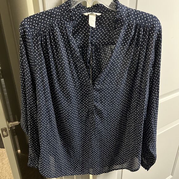H&M Women’s pull over Blouse Blue With White Polka Dots US Size 12 - Picture 1 of 6